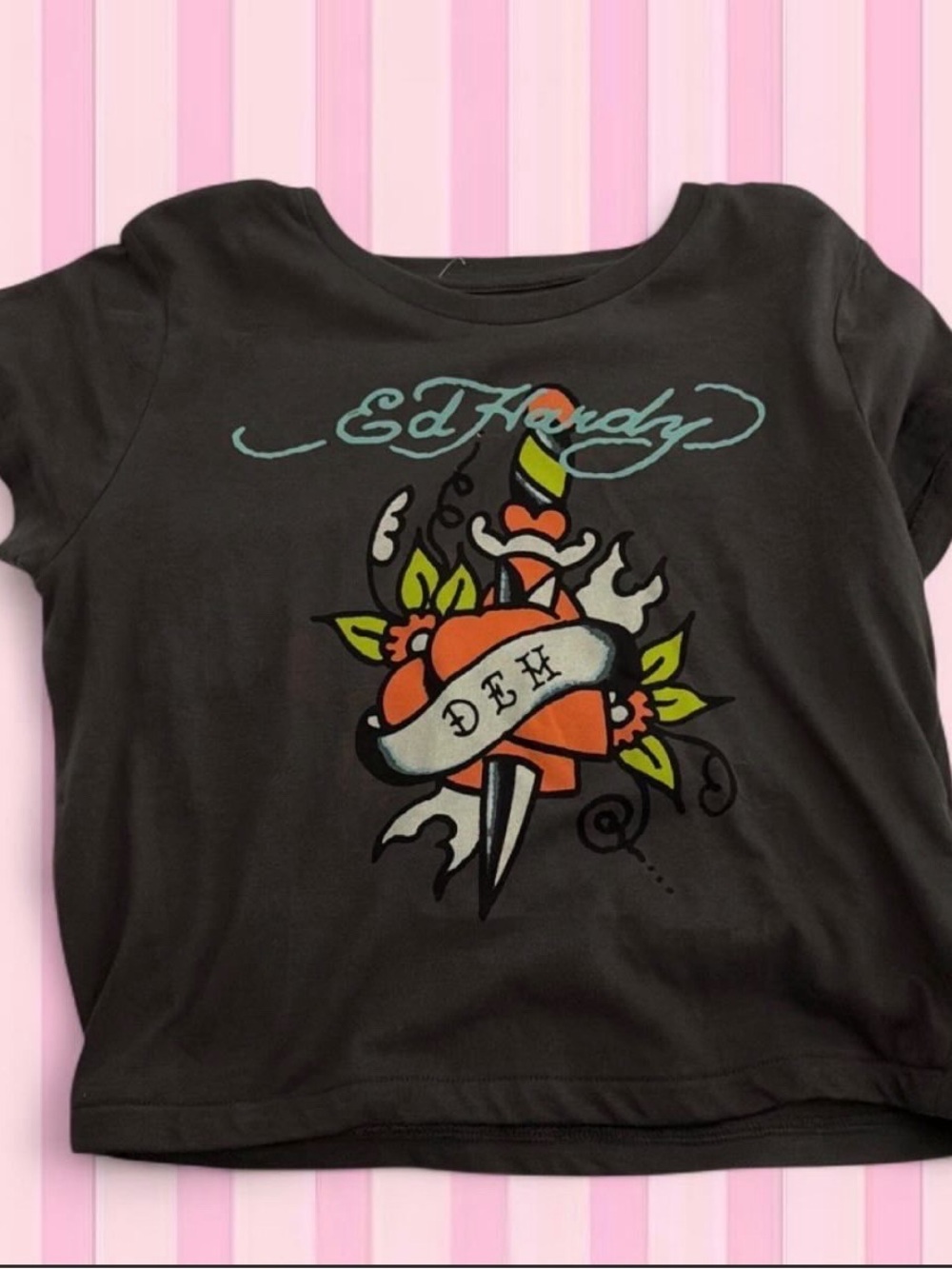 Ed Hardy Black Tee with Orange Heart and Green Accents